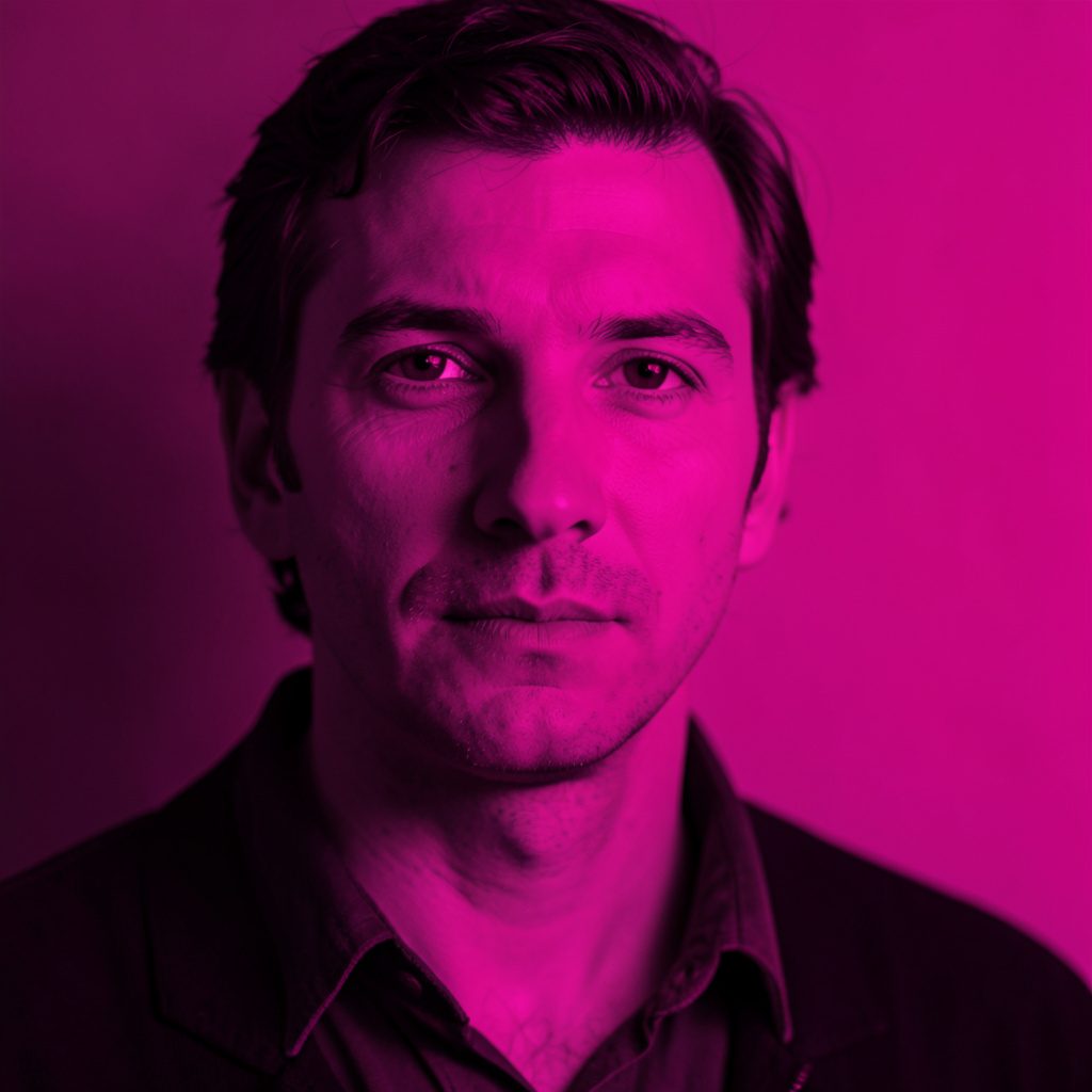 A high-contrast duotone photograph in black and magenta showing an abstract world map pattern of connected dots